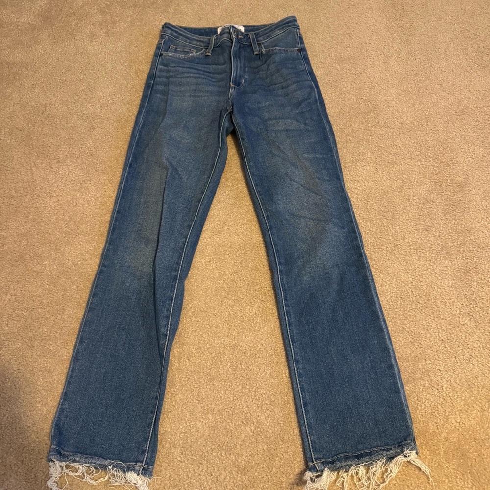 Just Black Denim Straight Leg High Waist Dark Wash Frayed Edge Denim Jeans